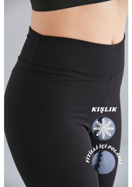 Kadın Siyah Içi Polarlı Lastikli Şardonlu Fitilli Toparlayıcı Interlok Kışlık Örme Tayt