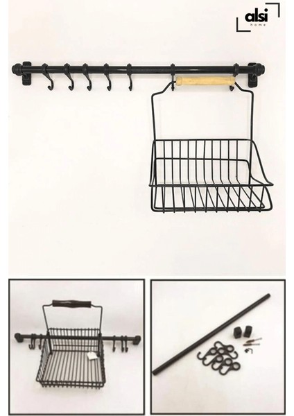 1.kalite Siyah Retro Mutfak Seti Askılı ve Sepetli Askı ve Kanca Mutfak Düzenleyici