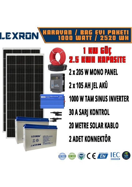 LEXRON HAZIR GÜNEŞ ENERJİSİ SİSTEMİ - KARAVAN/BAĞ EVİ PAKETİ - BUZDOLABI+TV+AYDINLATMA - 2688 WH - PAKET-1