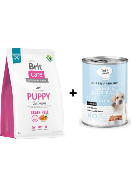 Tahılsız Somonlu Yavru Köpek Maması 3 kg +Chefs Choice Kuzu Etli Tahılsız Yavru Köpek Yaş Maması 400 gr