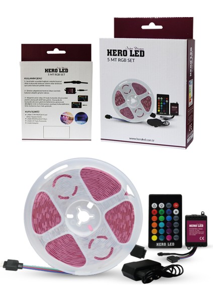 Hero Led 5 Metre 3528 Tek Çipli Iç Mekan Rgb Şerit LED Set Kutulu