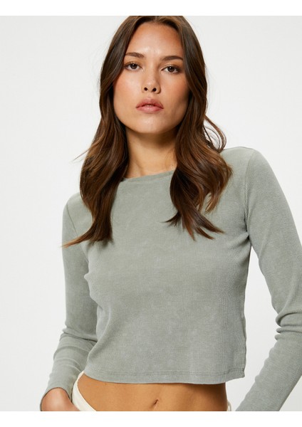 Uzun Kollu Tişört Bisiklet Yaka Fitilli Pamuklu