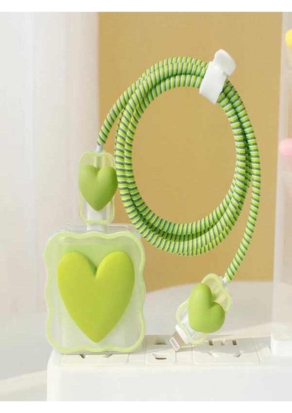 Iphone 20W Uyumlu Şarj Başlık Kablo Koruyucu ve Spiral Kablo Koruyucu 3 Lü Yeşil Lovely