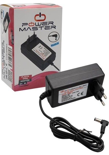 Powermaster PM-12667 12 Volt 3 Amper Adaptör 5.5 2.5 Plastik Kasa Priz Tipi Adaptör