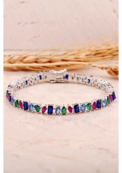 Renkli Taşlı Rodyumlu Gümüş Bileklik 4479