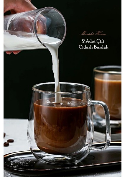 Çift Cidarlı Bardak 250 ml Ev Ofis Çay Fincanı Kahve Sunum Bardağı 2 Adet