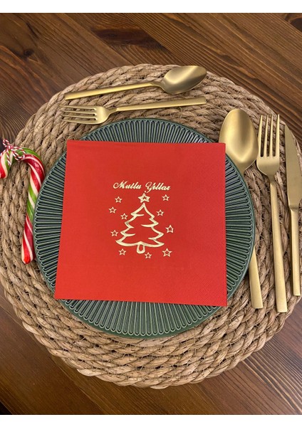 Gold Yaldızlı Kırmızı Mutlu Yıllar Çam Ağacı Kare Peçete 16 Adet