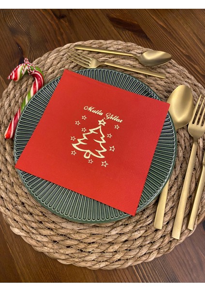Gold Yaldızlı Kırmızı Mutlu Yıllar Çam Ağacı Kare Peçete 16 Adet fiyatları