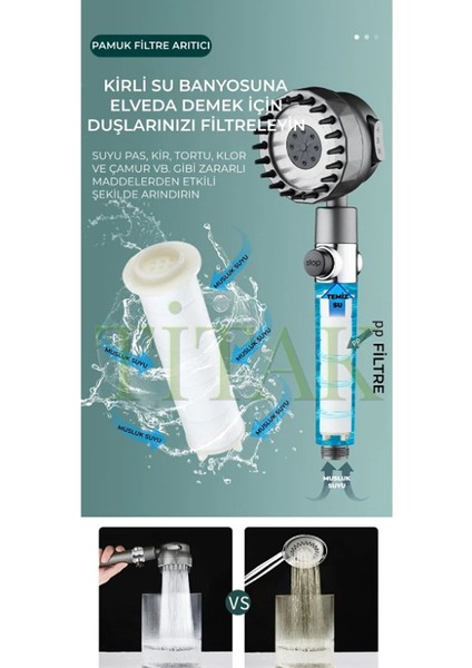 Duş Başlığı Masajlı Filtreli Stop Tuşlu 3 Fonksiyonlu
