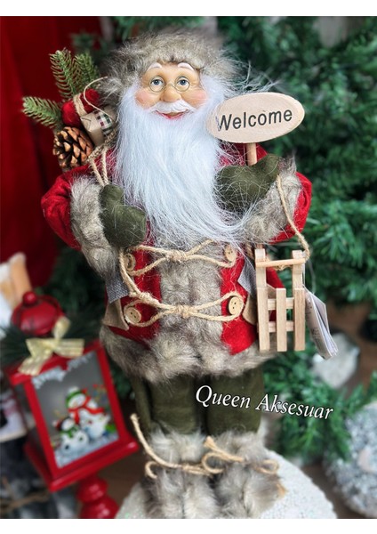 Queen Aksesuar Yılbaşı Ithal Lüks Büyük 45CM Kürklü Kızaklı Welcome Yazılı Noel Baba Dekroasyon Heykel Biblo Süs