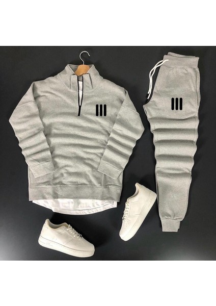 Unisex Yeni Sezon Üç Çizgi Baskılı Yarım Fermuarlı Sweatshirt-Eşofman Altı 2'li Set Kombin