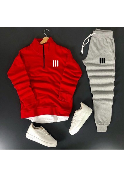 Unisex Yeni Sezon Üç Çizgi Baskılı Yarım Fermuarlı Sweatshirt-Eşofman Altı 2'li Set Kombin