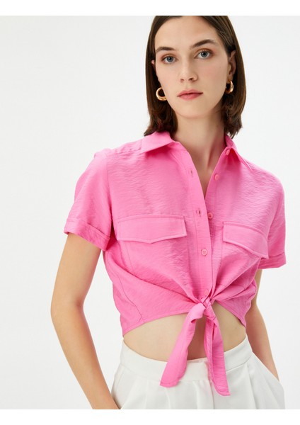 Önden Bağlamalı Gömlek Crop Düğmeli Cepli Viskon
