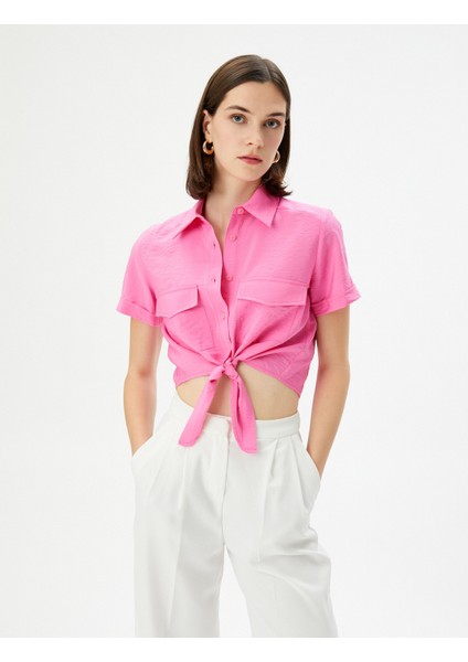 Önden Bağlamalı Gömlek Crop Düğmeli Cepli Viskon modelleri