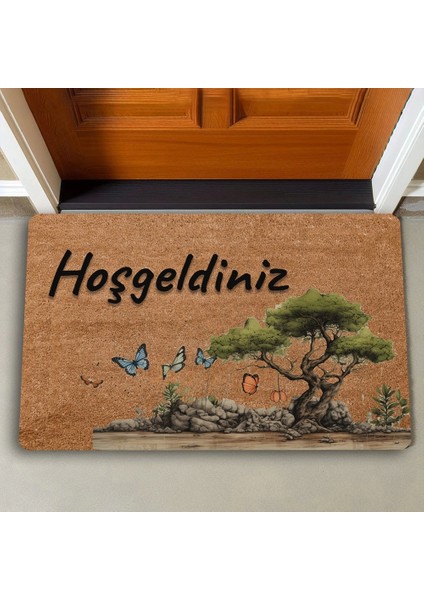 Zeytin Ağacı ve Kelebekler Hoş Geldiniz Kapı Önü Paspası 45X70CM