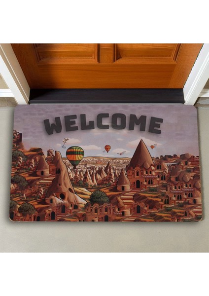 Kapadokya, Peri Bacaları ve Balon Temalı Welcome Kapı Önü Paspası 45X70CM