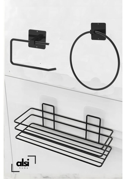 3'lü Set Yapışkanlı Banyo Düzenleyici Duşakabin Şampuanlık Banyo Rafı Wc Kağıtlık ve Havluluk