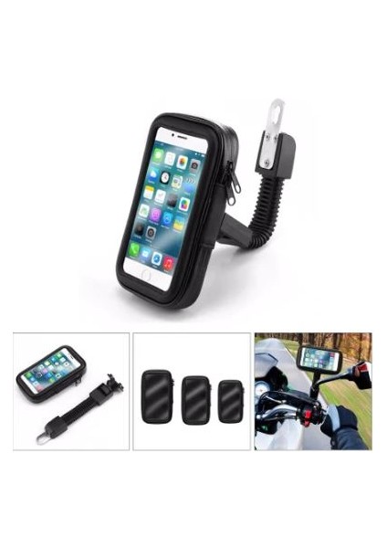 Her Model Telefona Uyumlu Motosiklet, Scooter Için Aynaya Takılan Su Geçirmez Telefon Tutucu, Dokunmatik Kapaklı Tutucu
