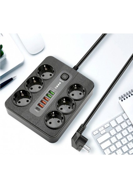 6 Adet Akıllı Bkl Priz Akım Korumalı, 5 USB ve 1 Type-C Pd 20W Bağlantılı 2 Metre Kablolu