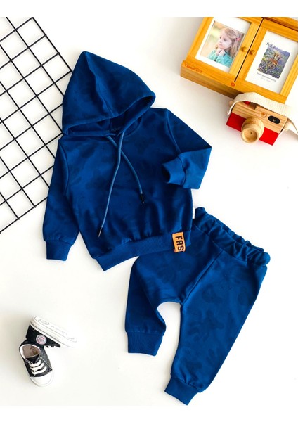 Neşeli Bebekler Ayıcık Desen Iki Iplik Kumaş Kapüşonlu Takım Lacivert