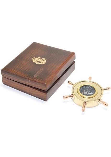 Ahşap Kutulu Pirinç Dümenli Pusula 11 cm
