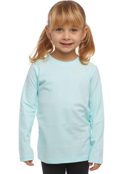 Uçuk Turkuaz Basic Unisex Çocuk Mevsimlik Sıfır Yaka Uzun Kollu Tişört