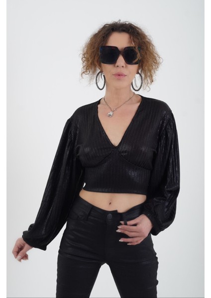 Siyah Geniş Kol Arkadan Bağlamalı Işıltılıi Crop Bluz fiyatları
