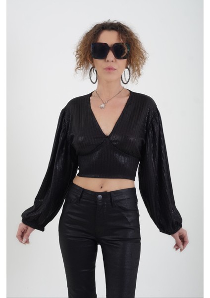 Siyah Geniş Kol Arkadan Bağlamalı Işıltılıi Crop Bluz modelleri