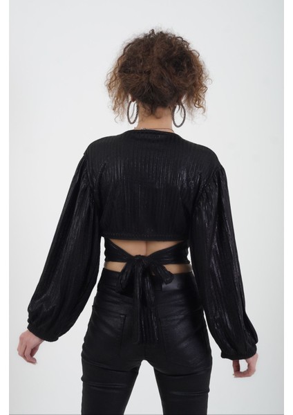 Siyah Geniş Kol Arkadan Bağlamalı Işıltılıi Crop Bluz fırsatları