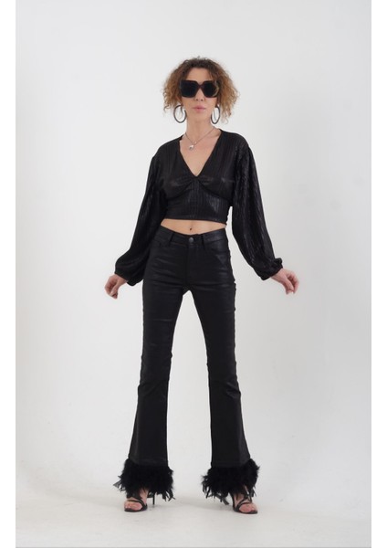 Siyah Geniş Kol Arkadan Bağlamalı Işıltılıi Crop Bluz indirimleri