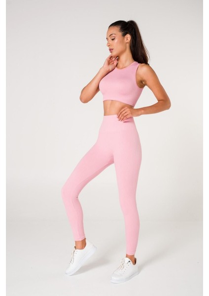 Toparlayıcı Dikişsiz Tayt Crop Top Takım Pembe