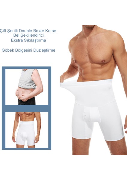 Dikişsiz Yüksek Bel Göbek Toparlayıcı Sıkılaştırıcı Göbek Düzleştirici Erkek Boxer Korse Beyaz