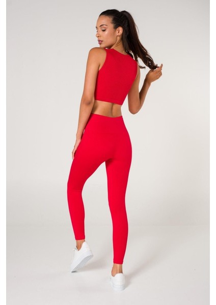 Toparlayıcı Dikişsiz Fitilli Büstiyer Tayt Crop Top Takım Kırmızı fiyatları