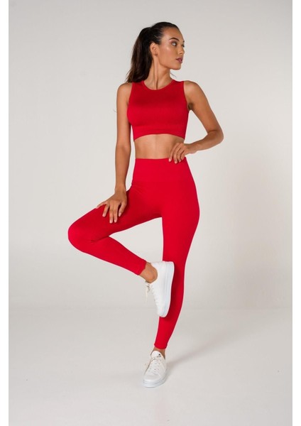 Toparlayıcı Dikişsiz Fitilli Büstiyer Tayt Crop Top Takım Kırmızı modelleri