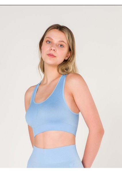New Season Fitilli Çapraz Detaylı Crop Top Büstiyer Seamless Spor Sütyeni Mavi modelleri