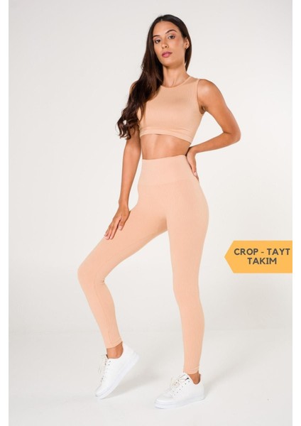 Toparlayıcı Dikişsiz Tayt Crop Top Takım Krem