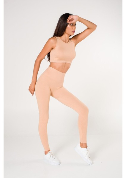 Toparlayıcı Dikişsiz Tayt Crop Top Takım Krem fiyatları
