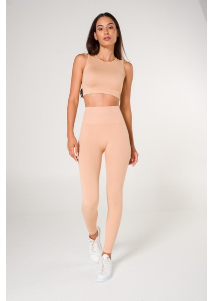 Toparlayıcı Dikişsiz Tayt Crop Top Takım Krem modelleri