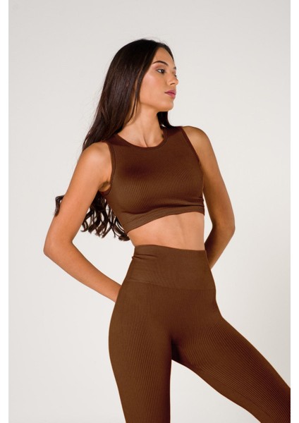 Toparlayıcı Dikişsiz Fitilli Büstiyer Tayt Crop Top Takım Kahverengi