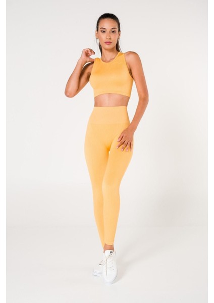 Toparlayıcı Dikişsiz Fitilli Yüksek Bel Çift Katlı Kadın Tayt Sarı fiyatları