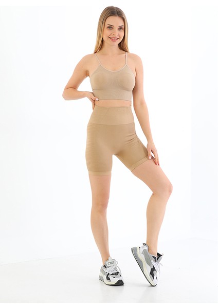 Ince Askılı Fitilli Yüksek Bel Likralı Toparlayıcı Crop Büstiyer Tayt Şort Takım Krem