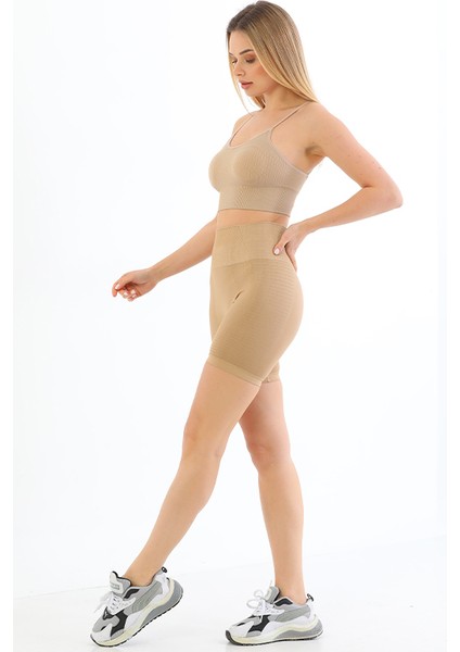 Ince Askılı Fitilli Yüksek Bel Likralı Toparlayıcı Crop Büstiyer Tayt Şort Takım Krem modelleri