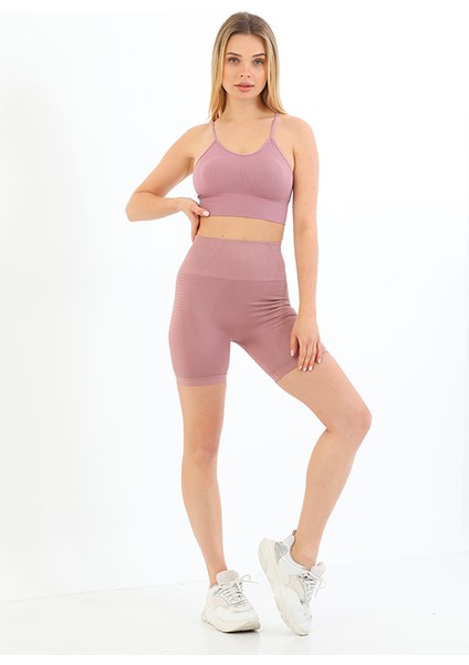 Ince Askılı Fitilli Yüksek Bel Likralı Toparlayıcı Crop Büstiyer Tayt Şort Takım Pudra fiyatları