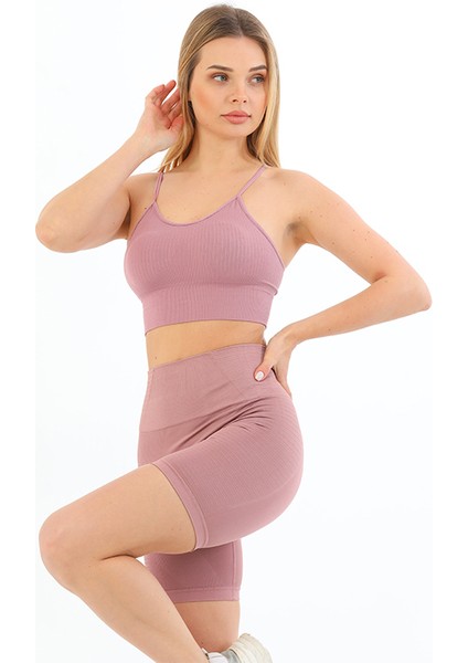 Ince Askılı Fitilli Yüksek Bel Likralı Toparlayıcı Crop Büstiyer Tayt Şort Takım Pudra fırsatları