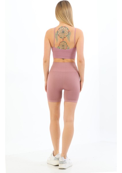 Ince Askılı Fitilli Yüksek Bel Likralı Toparlayıcı Crop Büstiyer Tayt Şort Takım Pudra indirimleri