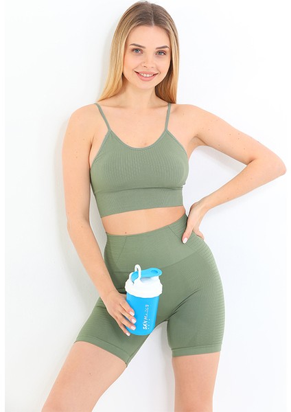 Ince Askılı Fitilli Yüksek Bel Likralı Toparlayıcı Crop Büstiyer Tayt Şort Takım Yeşil modelleri