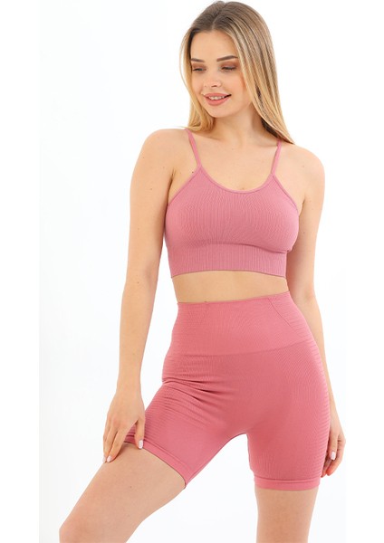 Ince Askılı Fitilli Yüksek Bel Likralı Toparlayıcı Crop Büstiyer Tayt Şort Takım Pembe fiyatları