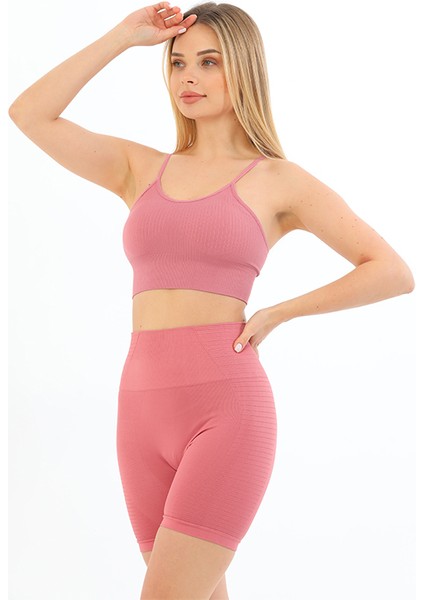 Ince Askılı Fitilli Yüksek Bel Likralı Toparlayıcı Crop Büstiyer Tayt Şort Takım Pembe modelleri