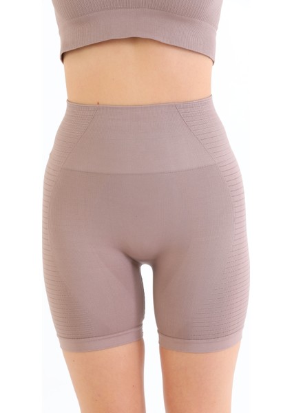 Yüksek Bel Toparlayıcı Biker Örme Dizüstü Şort Tayt Vizon fiyatları