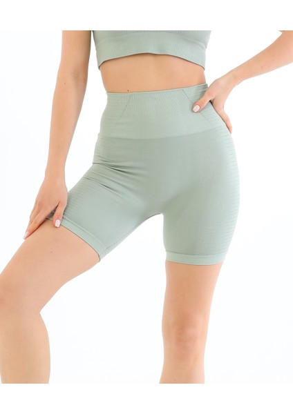 Yüksek Bel Toparlayıcı Biker Örme Dizüstü Şort Tayt Mint Yeşili